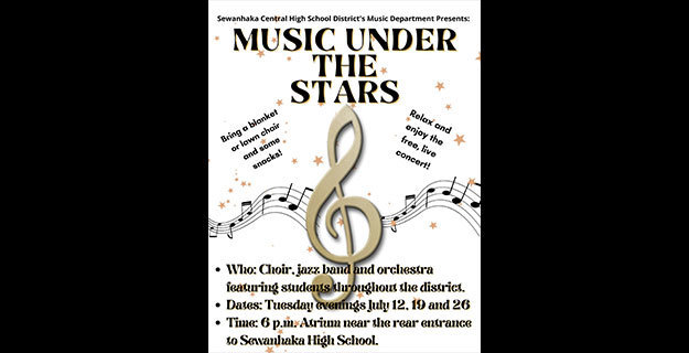 Graphic that reads Music Under the Stars July 12, 19, 26 at Sewanhaka HS