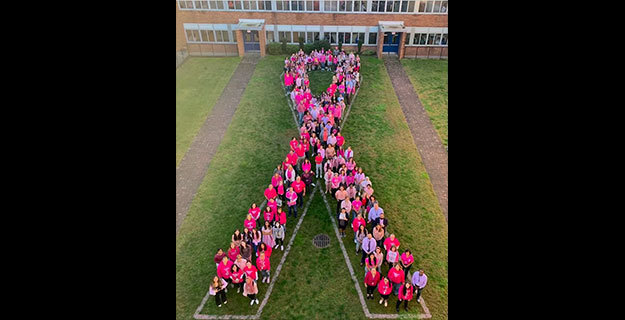 Students in the Shape of a Pink Ribbon