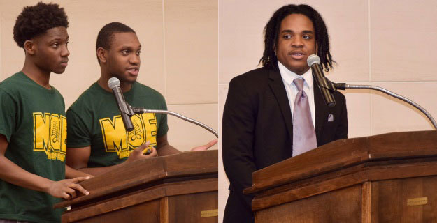 Elmont Memorial High School students Nicholos Sylvester and Terrell Lewis, and Sewanhaka High School student Nazir King