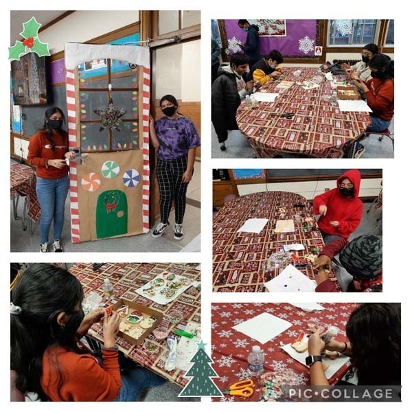 Collage of Decorations and Students Making Cookies